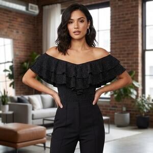 Black Glitter Ruffle Off the Shoulder V‑Neck Top – Women’s Size L